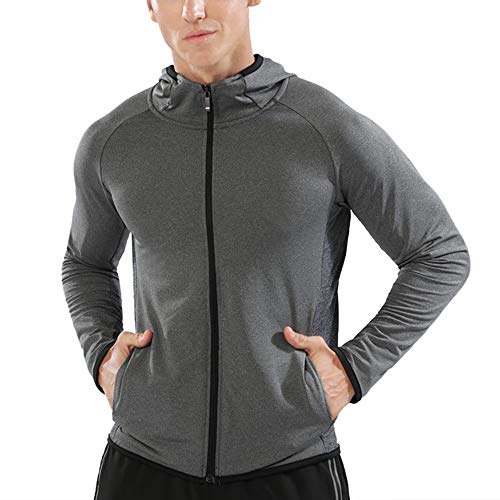 Hombre usando sudadera deportiva gris con capucha, vista frontal resaltando la tela de alta calidad y el diseño ajustado.