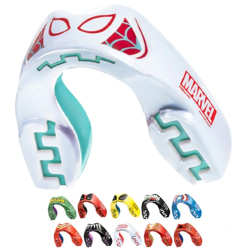 Protector bucal Marvel Spider-Gwen mostrado en vista frontal, ideal para deportes de contacto.