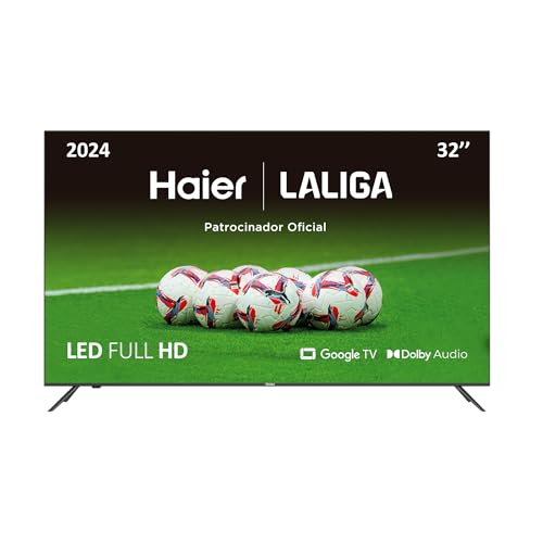 Televisor Haier de 32 pulgadas LED Full HD patrocinador oficial de LaLiga, mostrando balones de fútbol en un fondo verde