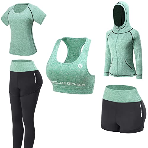 Conjunto de yoga JULY'S SONG que incluye camiseta, sujetador deportivo, chaqueta, pantalón largo y pantalón corto, en color verde