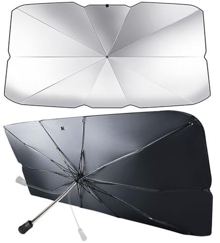 Parasol plegable para coche desplegado mostrando su diseño reflectante y tamaño ideal para parabrisas