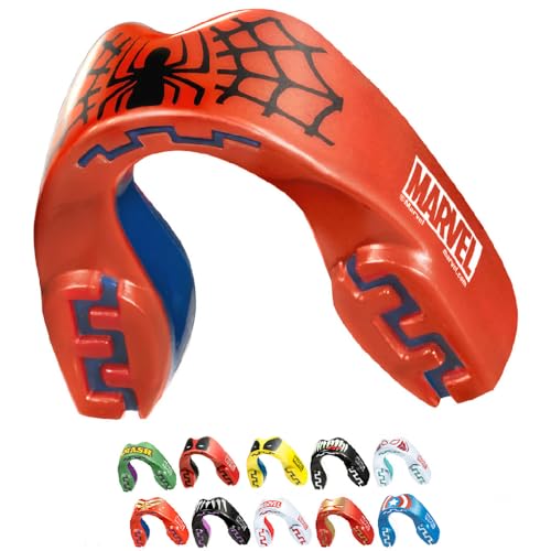 Protector bucal Spider-Man de Marvel en color rojo, ideal para deportes de contacto.