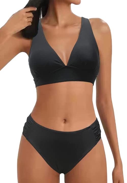 Conjunto de bikini negro de dos piezas para mujer con escote en V y copa push-up, ideal para la playa