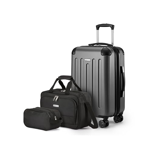 Juego de equipaje de mano en color negro que incluye una maleta rígida de ABS y dos bolsas de viaje compactas.