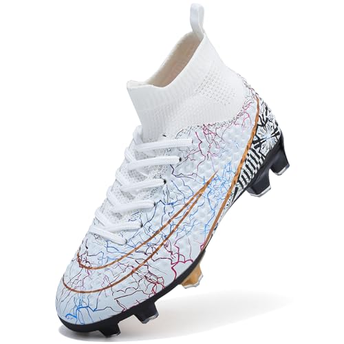 Botas de fútbol PiDaGlobal para niños con diseño gráfico multicolor y parte superior blanca