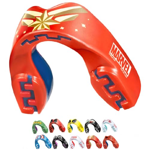 Protector bucal de la Capitana Marvel, diseñado para deportes de contacto con colores vibrantes y logo de Marvel
