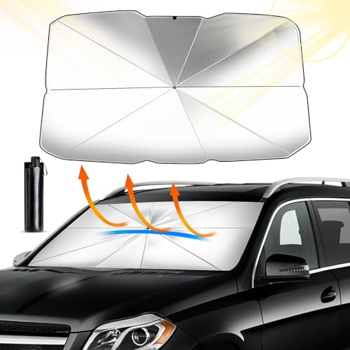 Parasol coche D-Lumina instalado en el parabrisas de un SUV, mostrando su capacidad de protección solar.