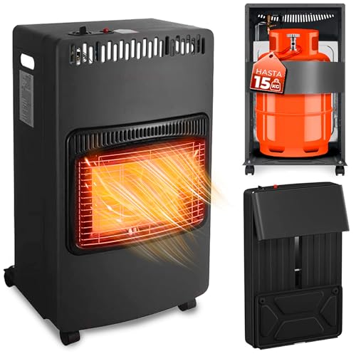Estufa de gas infrarroja JUPPLIES mostrando su design moderno y efecto de calor visible