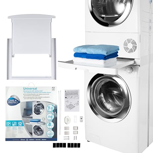 Kit de unión CARE + PROTECT para lavadoras y secadoras, muestra el estante deslizante con toallas sobre la secadora y su configuración.