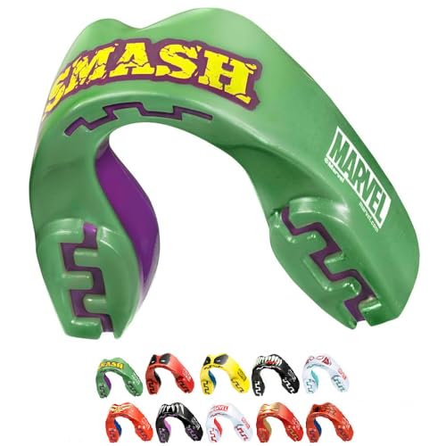 Protector bucal Smash de Marvel en color verde, ideal para deportes de contacto