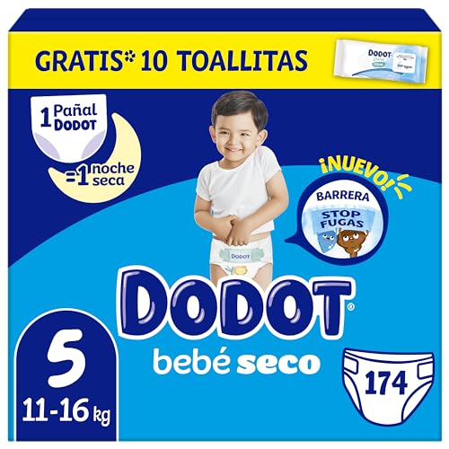Imagen de la caja de Pañales Dodot Bebé Seco Talla 5, 11-16 kg, con 174 pañales y un paquete de 10 toallitas gratis.