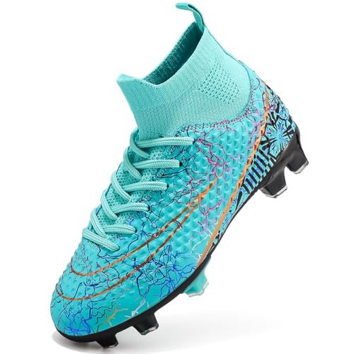 Botas de fútbol para niños en color azul con diseño moderno, mostrando la parte lateral y detalles en textura