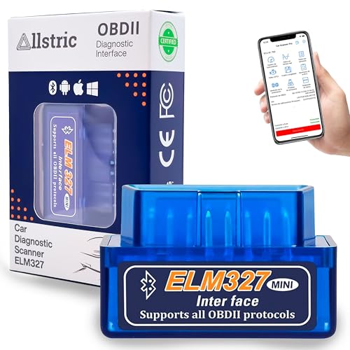 Escáner OBDII Allstric ELM327 en su empaque, mostrando compatibilidad con dispositivos móviles