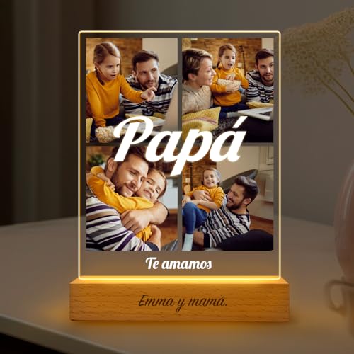 Lámpara LED personalizada para papá con cuatro fotos y el texto 'Papá, Te amamos'.