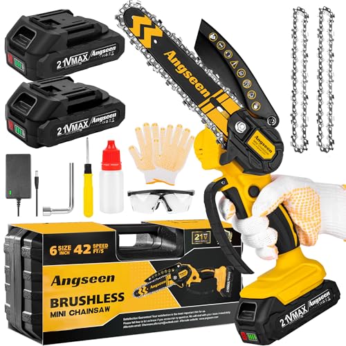 Kit completo de mini motosierra Angseen con baterías, herramienta y accesorios, ideal para cortes precisos y rápidos