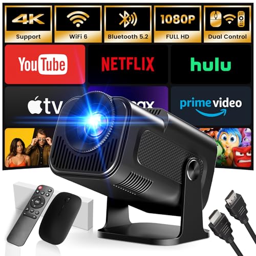 Proyector GM300 mostrando aplicaciones de streaming como Netflix, YouTube y Prime Video, con una imagen brillante y de alta definición.