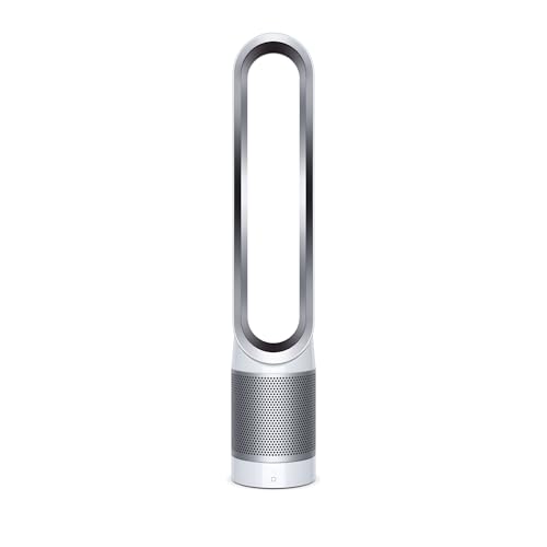 Dyson Pure Cool TP00 purificador de aire y ventilador sin aspas, vista frontal del diseño moderno en color blanco y plata