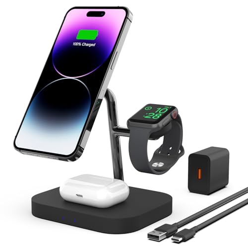 Cargador magnético inalámbrico 3 en 1 mostrando un iPhone, Apple Watch y AirPods