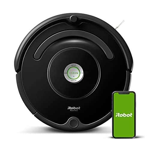 Robot aspirador iRobot Roomba 671 en color negro junto a un smartphone mostrando la aplicación iRobot