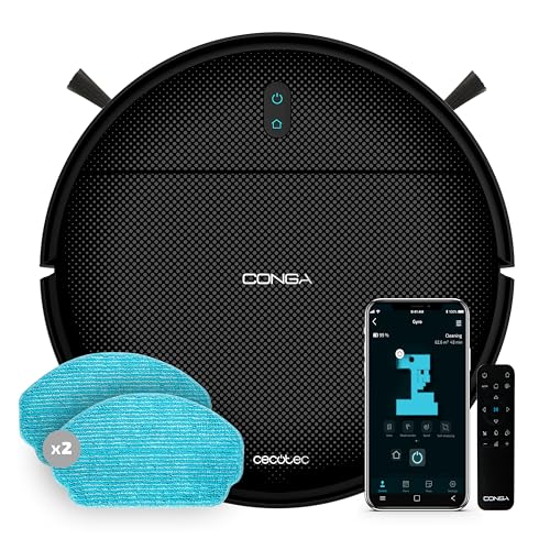 Robot aspirador Cecotec Conga 999 Map X-Treme mostrando mopas de fregado y la interfaz de control desde la aplicación móvil