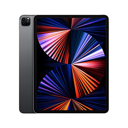 Apple iPad Pro de 12,9 pulgadas en color gris espacial con un fondo animado colorido destacando su pantalla Liquid Retina XDR.
