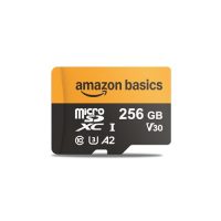 Imagen de la tarjeta microSD de 256 GB Amazon Basics, modelo V30, que soporta grabación en 4K y 5K.