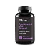 Frasco con cápsulas veganas de Trans-Resveratrol y NAD+ Liposomal de la marca Zenement, que contiene 90 cápsulas de 580 mg.