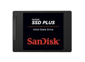 Vista frontal del SanDisk SSD Plus, unidad de estado sólido de 1 TB con logo de SanDisk