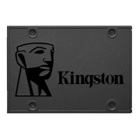 Vista frontal del disco duro sólido Kingston A400 con el logo destacado sobre fondo negro