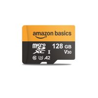Imagen de la tarjeta microSD Amazon Basics de 128 GB, mostrando su diseño y características destacadas.
