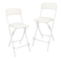Conjunto de dos taburetes plegables color blanco con respaldo y asiento acolchado, ideales para uso en barra.