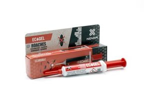 Jeringuilla de EcoGel Novar contra cucarachas con su empaque, eficaz para eliminar insectos