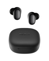 Auriculares inalámbricos Xiaomi Redmi Buds 6 Play junto a su estuche de carga, en color negro, mostrando su diseño elegante y compacto.