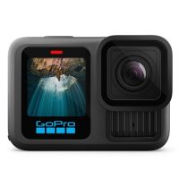 Cámara GoPro HERO13 Black desde el frente con pantalla en funcionamiento y efecto de luz de fondo