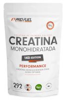 Paquete de creatina monohidratada de 1kg de ProFuel con información sobre su calidad y rendimiento.