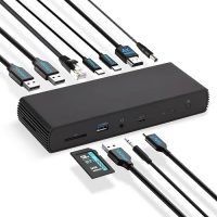 Estación de acoplamiento con múltiples cables conectados, listos para su uso, incluyendo USB, HDMI y RJ45.