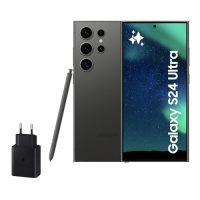 Samsung Galaxy S24 Ultra junto a su cargador de 45W y S Pen, mostrando su diseño moderno y elegante