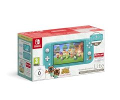 Imagen de la caja del Nintendo Switch Lite en color azul turquesa junto con el juego Animal Crossing
