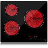 Placa de vitrocerámica IsEasy con 3 zonas de cocción encendidas mostrando los elementos de calefacción en color rojo