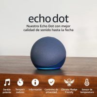 Echo Dot de Amazon en color azul sobre una mesa de madera, destacando su diseño y calidad de sonido