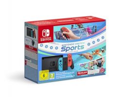 Caja del paquete de Nintendo Switch Sports con consola en color negro y controles neón azul y rojo