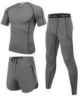 Conjunto de compresión para hombre en color gris, incluyendo camiseta, pantalones cortos y mallas de compresión para entrenamiento
