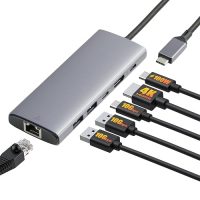 Concentrador USB-C 6 en 1 gris claro con puertos USB y HDMI, ideal para ampliar conexiones