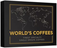 Caja de café World's Coffees que muestra un mapa del mundo, ideal para amantes del café de origen único
