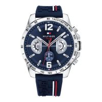 Reloj analógico multifunción de Tommy Hilfiger con correa de silicona azul y detalles en blanco y rojo, mostrando el dial y la carátula