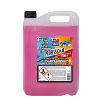 Envase de 5 litros de Anticongelante Krafft Energy Plus 50% G12+ color violeta para coches, con instrucciones de uso y advertencias de seguridad.