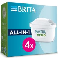 Caja del cartucho de filtro BRITA MAXTRA PRO All-in-1 que incluye cuatro filtros para agua, destacando la capacidad de filtrado de 150 litros.