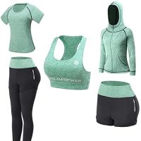 Conjunto de yoga JULY'S SONG que incluye camiseta, sujetador deportivo, chaqueta, pantalón largo y pantalón corto, en color verde