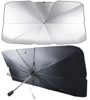 Parasol plegable para coche desplegado mostrando su diseño reflectante y tamaño ideal para parabrisas