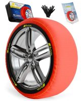 Fundas de nieve ARCOL para neumáticos con guantes y packaging, homologadas EN 16662-1, mostrando la calidad y diseño del producto.